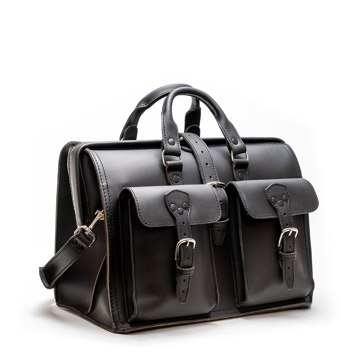 Barrister's Briefcase in Black, angled front view with top handles, two buckled front pockets and shoulder strap