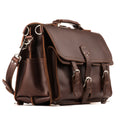 Front Pocket Leather Briefcase in Chestnut, angled front view with buckled front pockets, top handle and shoulder strap