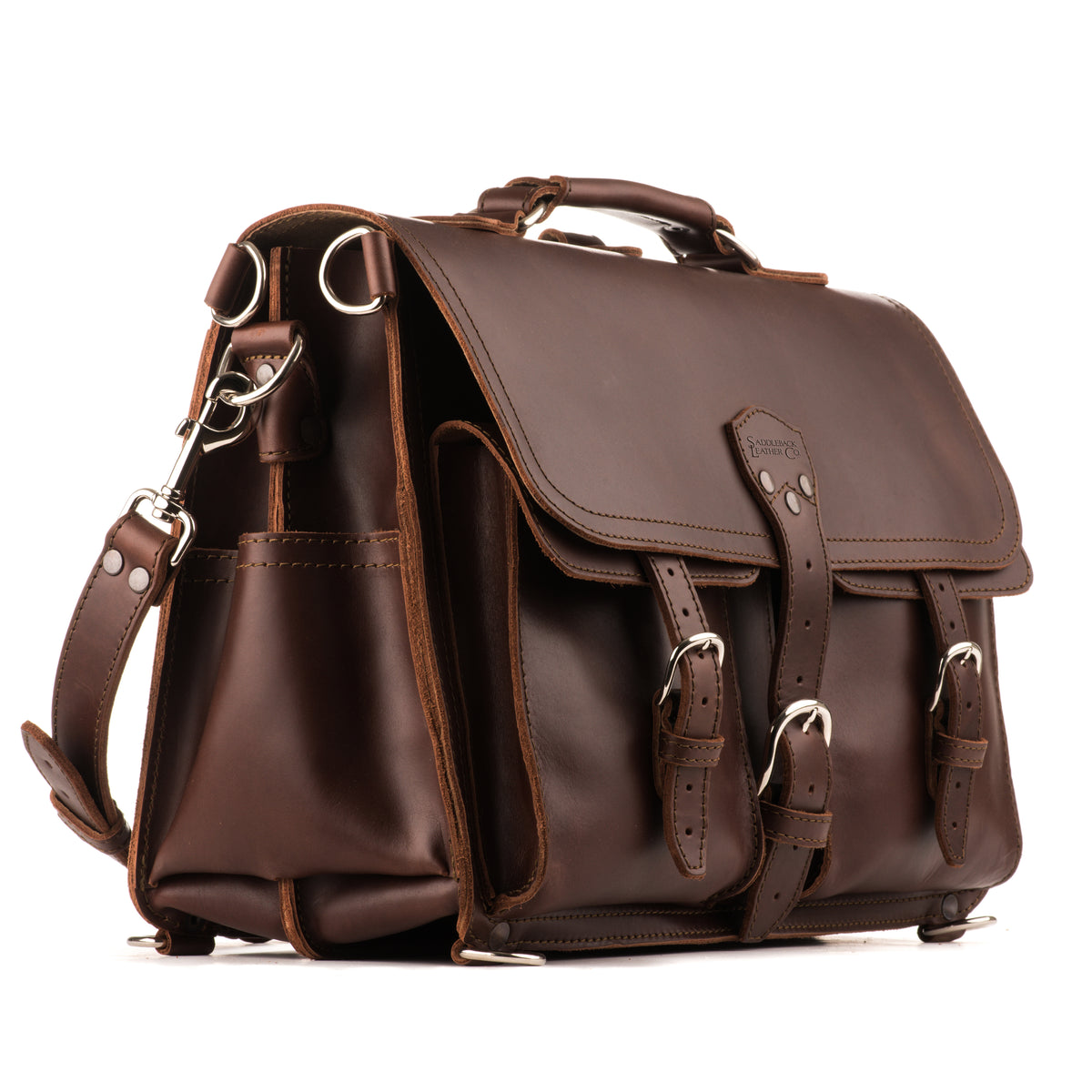 Front Pocket Leather Briefcase in Chestnut, angled front view with buckled front pockets, top handle and shoulder strap