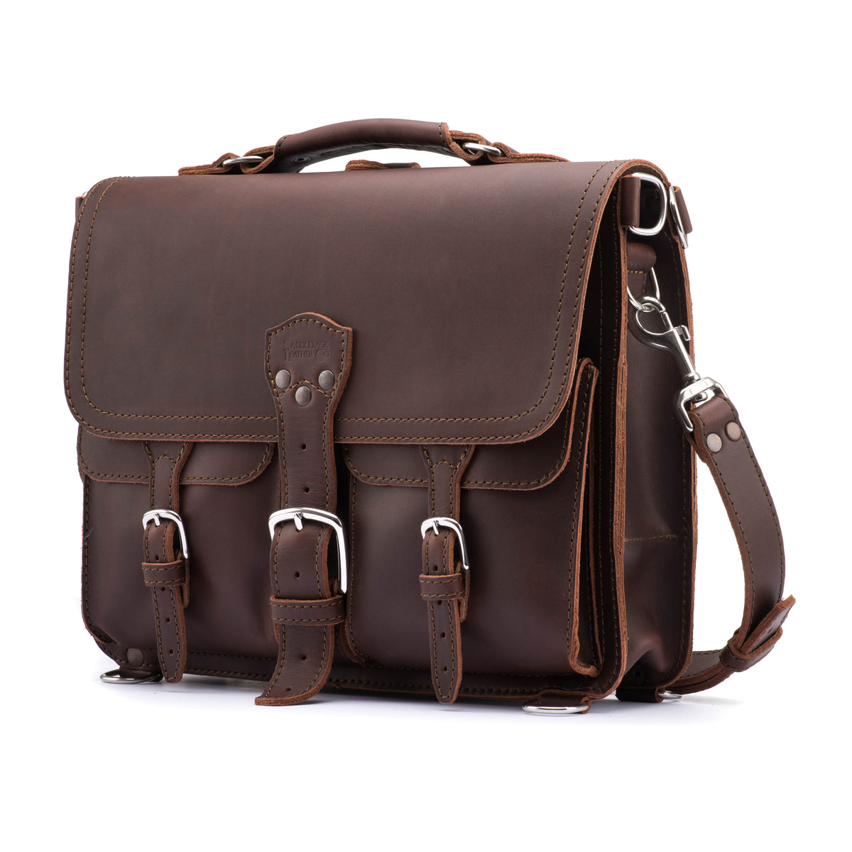 Thin Front Pocket Leather Briefcase in Chestnut, angled front view with two buckled front pockets and shoulder strap