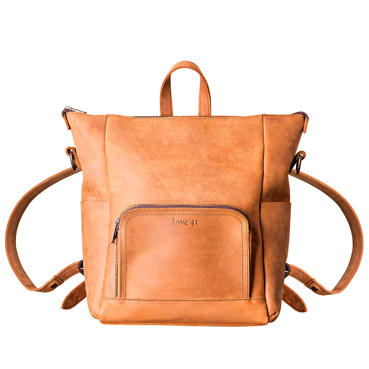 Universal Leather Backpack in Tobacco, front view with zippered front pocket and top handle