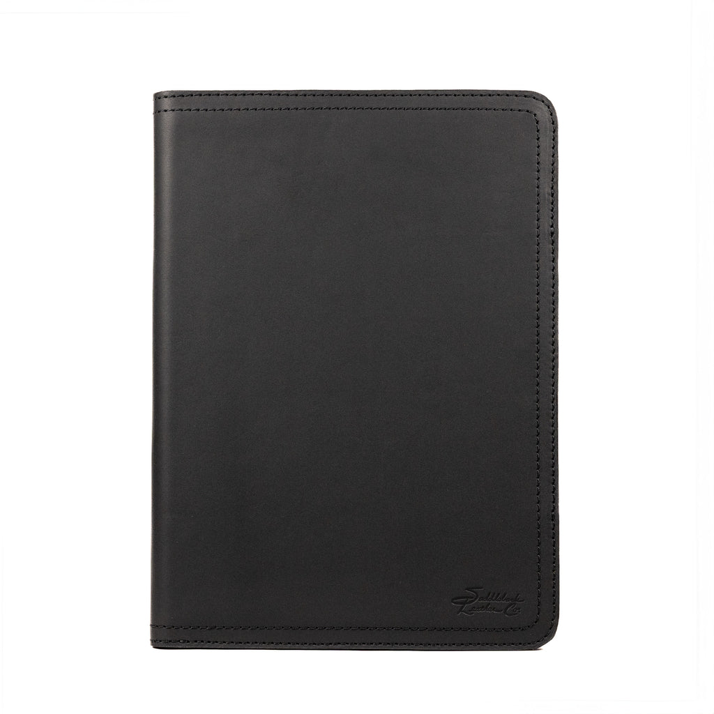 Old Design Medium Leather Portfolio in Black, closed front view with stitched edges and logo