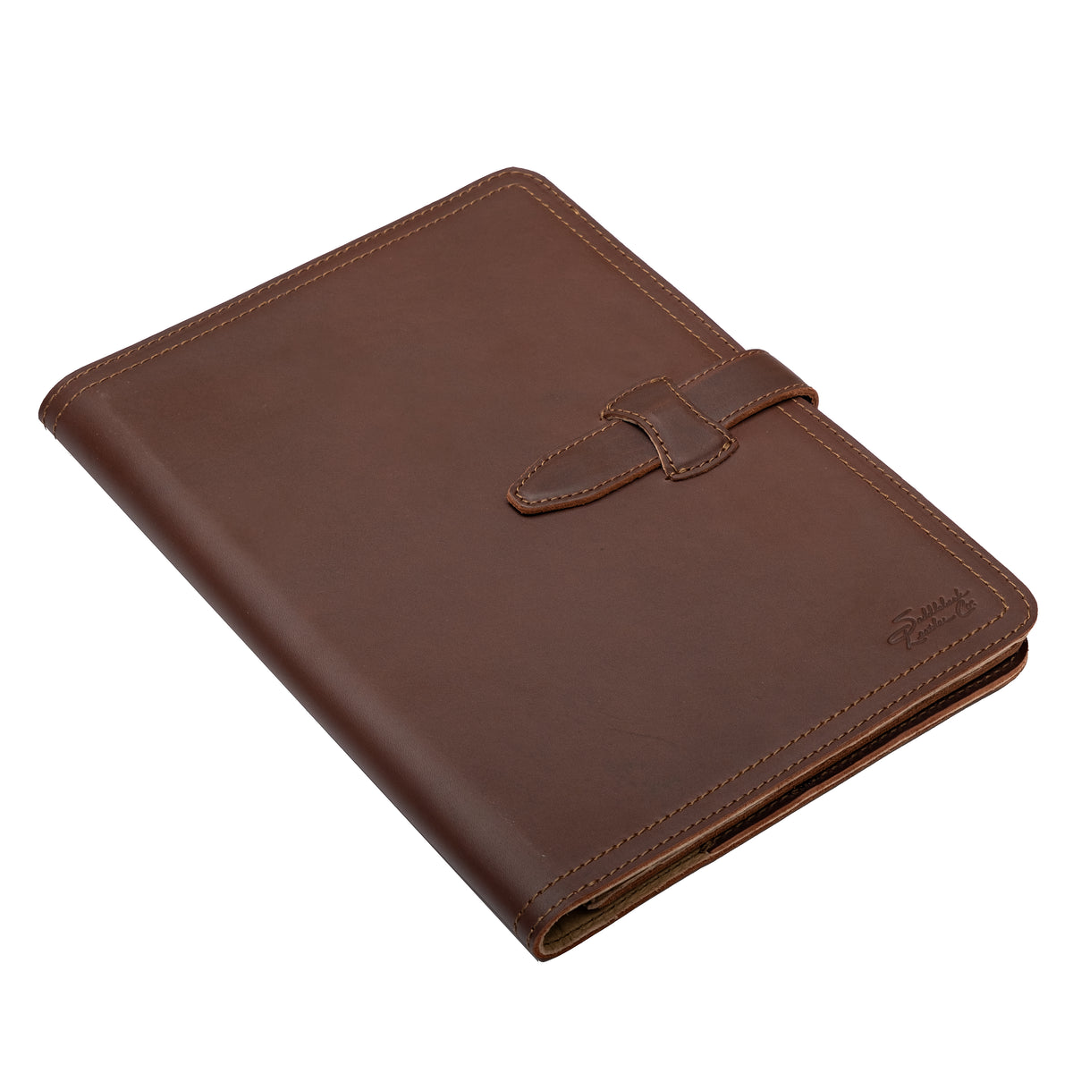 Large Leather Portfolio in Chestnut, closed, angled view with leather strap closure