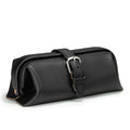 Little Big Mouth Toiletry Bag in Black, angled front view with wide frame opening and buckled strap closure