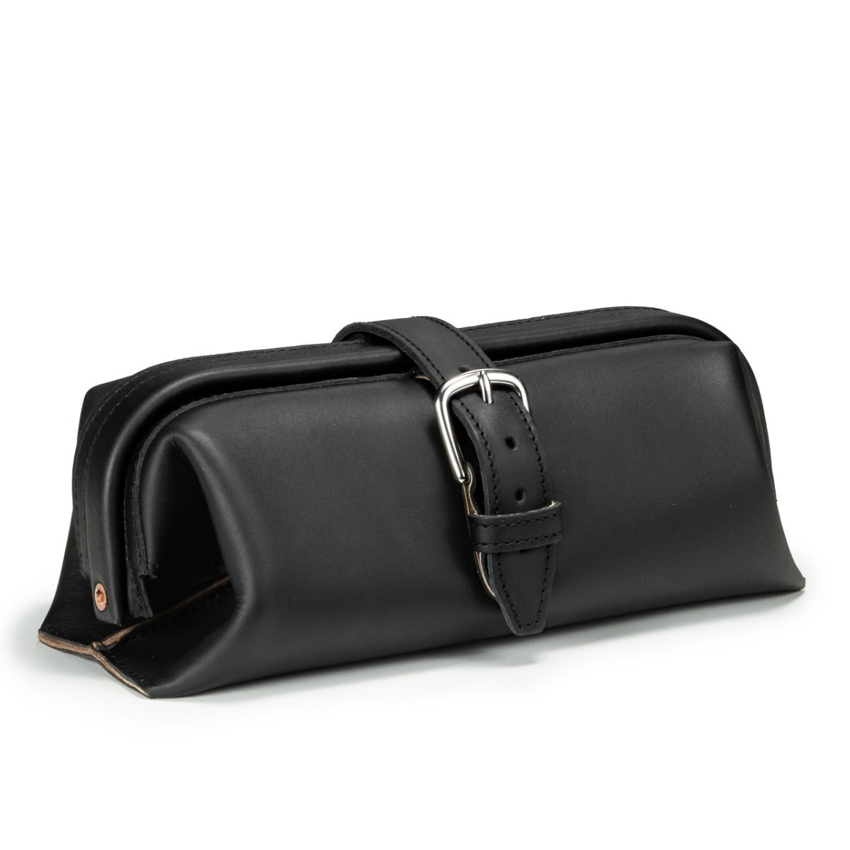 Little Big Mouth Toiletry Bag in Black, angled front view with wide frame opening and buckled strap closure
