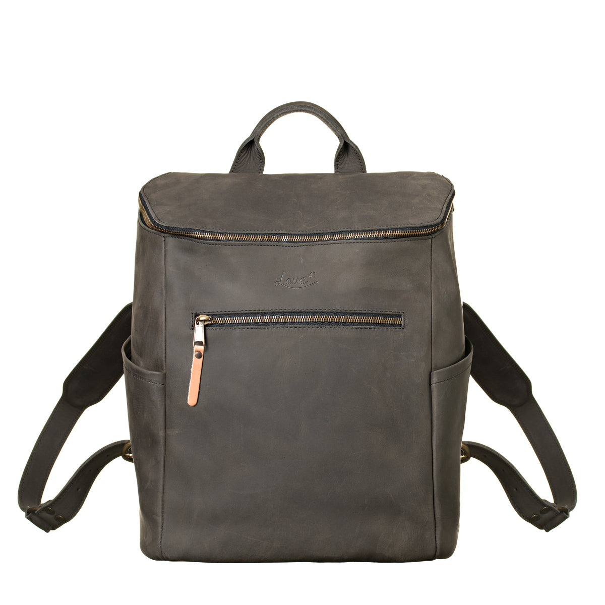 All in One Leather Backpack in Black, front view with zippered front pocket and side pockets