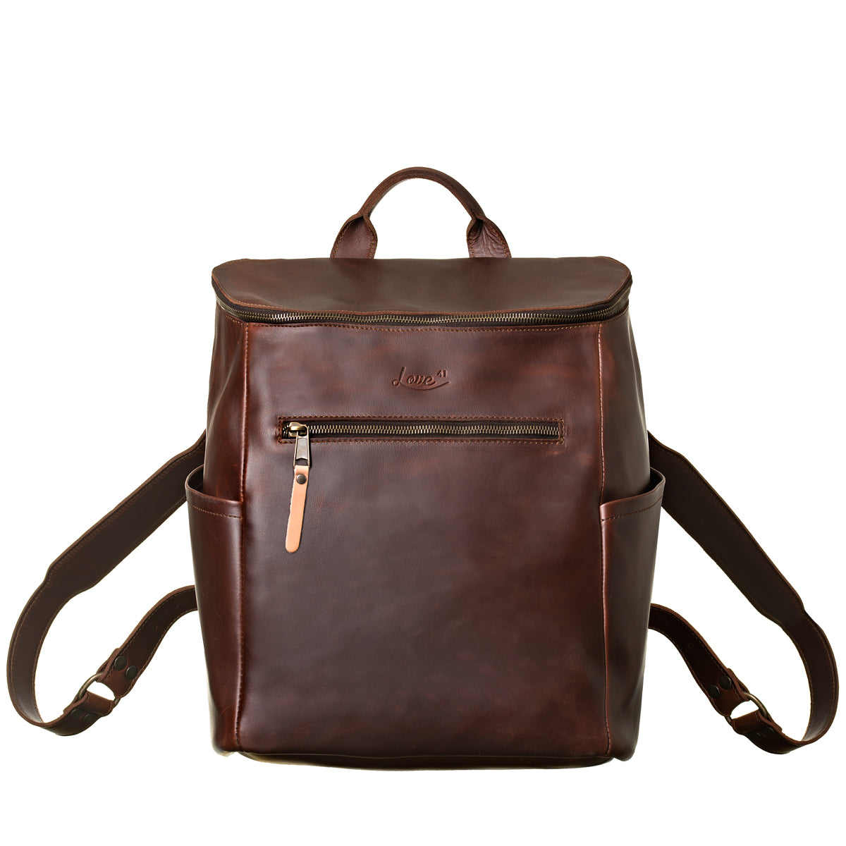 All in One Leather Backpack in Chestnut, front view with zippered front pocket and side pockets