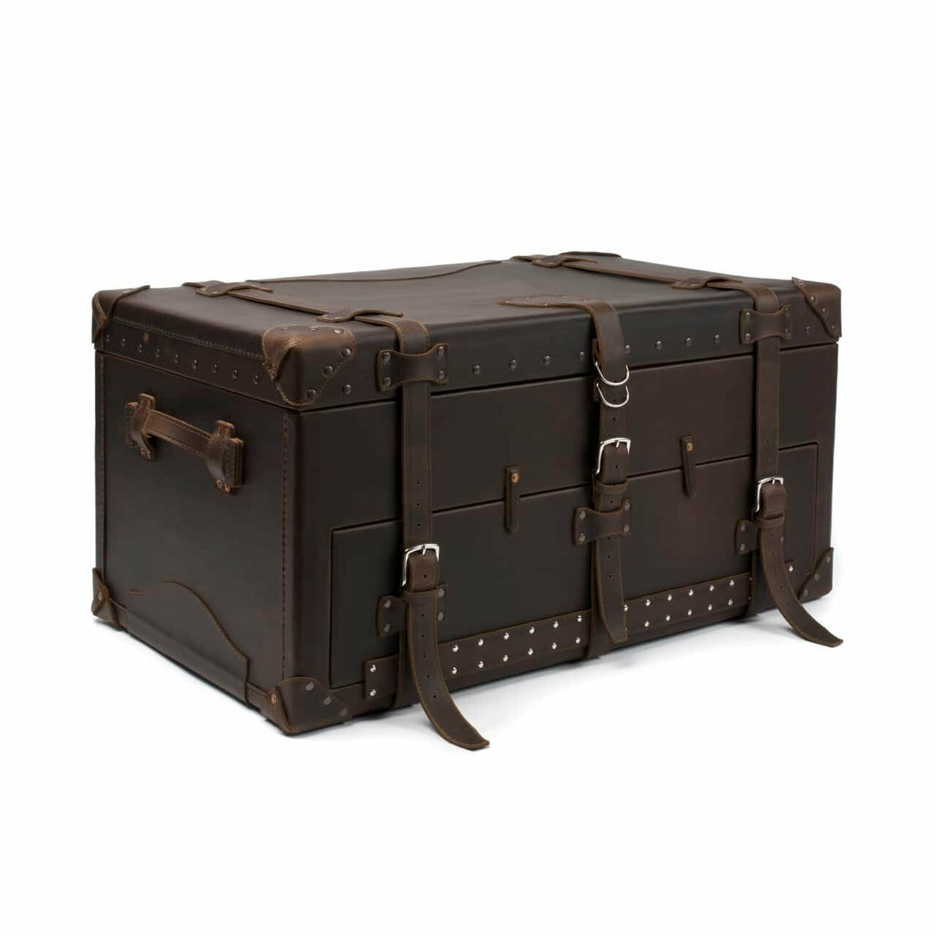 Leather Trunk in Dark Coffee Brown, closed angled view with buckled straps, side handle and studded trim