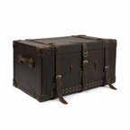 Leather Trunk in Dark Coffee Brown, closed angled view with buckled straps, side handle and studded trim