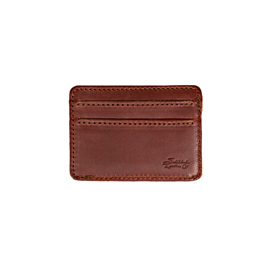 Front Pocket Leather ID Wallet in Chestnut, front view with two stitched card slots and embossed logo
