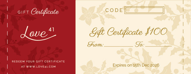 Printed Love 41 Gift Certificate in red and cream floral design showing $100 value, code and To and From lines
