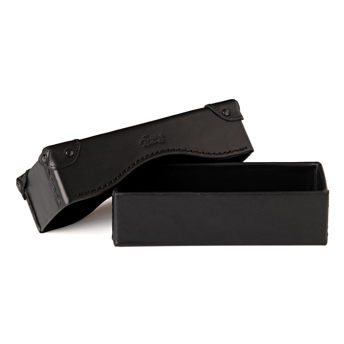 Grandfather Eyeglass Case in Black leather, open with lid lifted off the box-shaped base