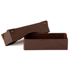 Grandfather Eyeglass Case in Chestnut leather, open with lid lifted off the box-shaped base