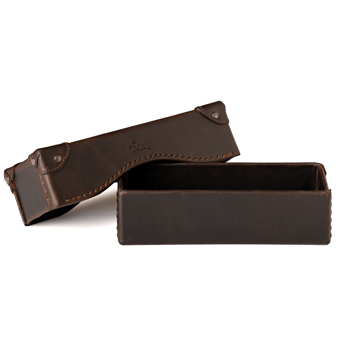 Grandfather Eyeglass Case in Dark Coffee Brown leather, open with lid lifted off the box-shaped base