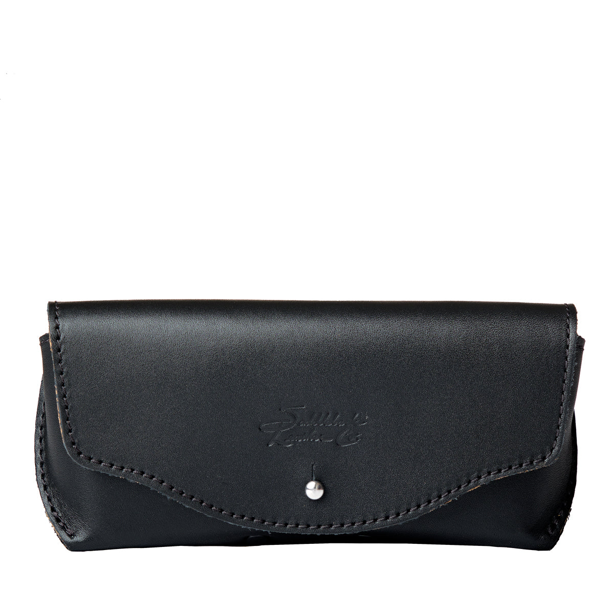 Leather Sunglass Case in Black, closed front view with flap, snap closure and embossed logo