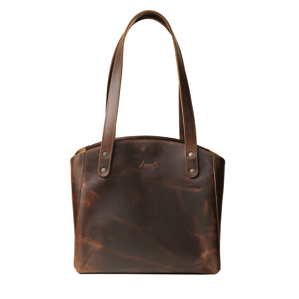 Leather Organizer Satchel in Dark Coffee Brown, front view with embossed logo and twin shoulder handles