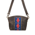 Lanita Small Crossbody in charcoal gray, front view with blue and red woven panel, studs and shoulder strap