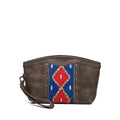 Lanita Leather Clutch in charcoal gray, front view with blue and red woven panel, studs and wrist strap