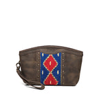 Lanita Leather Clutch in charcoal gray, front view with blue and red woven panel, studs and wrist strap