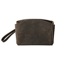 Leather Organizer Clutch in charcoal gray, front view with embossed logo and wrist strap
