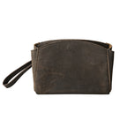 Leather Organizer Clutch in charcoal gray, front view with embossed logo and wrist strap