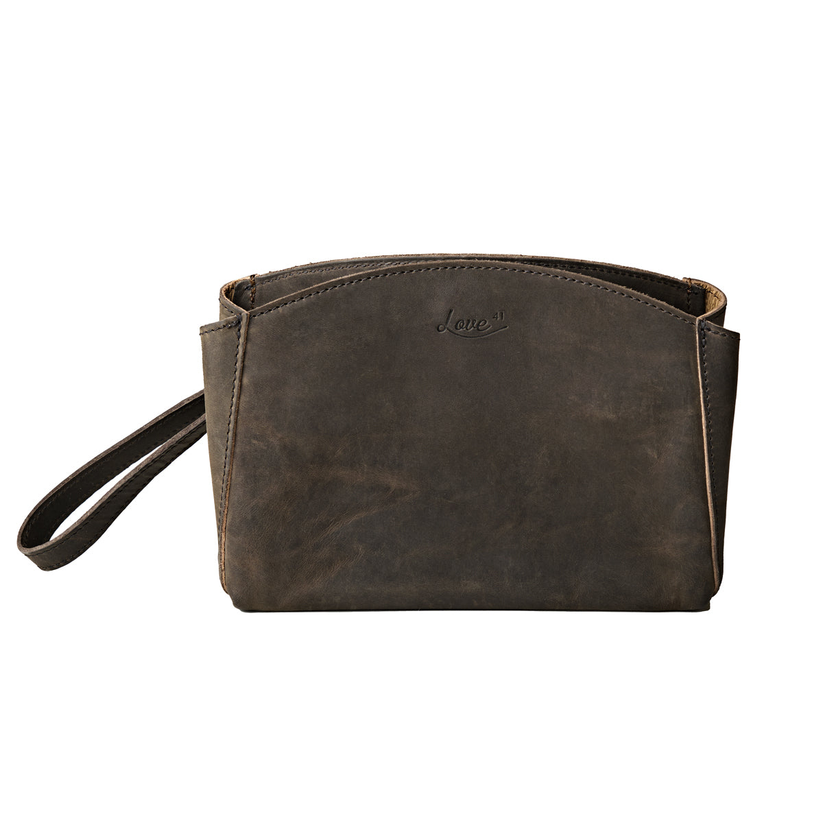 Leather Organizer Clutch in charcoal gray, front view with embossed logo and wrist strap