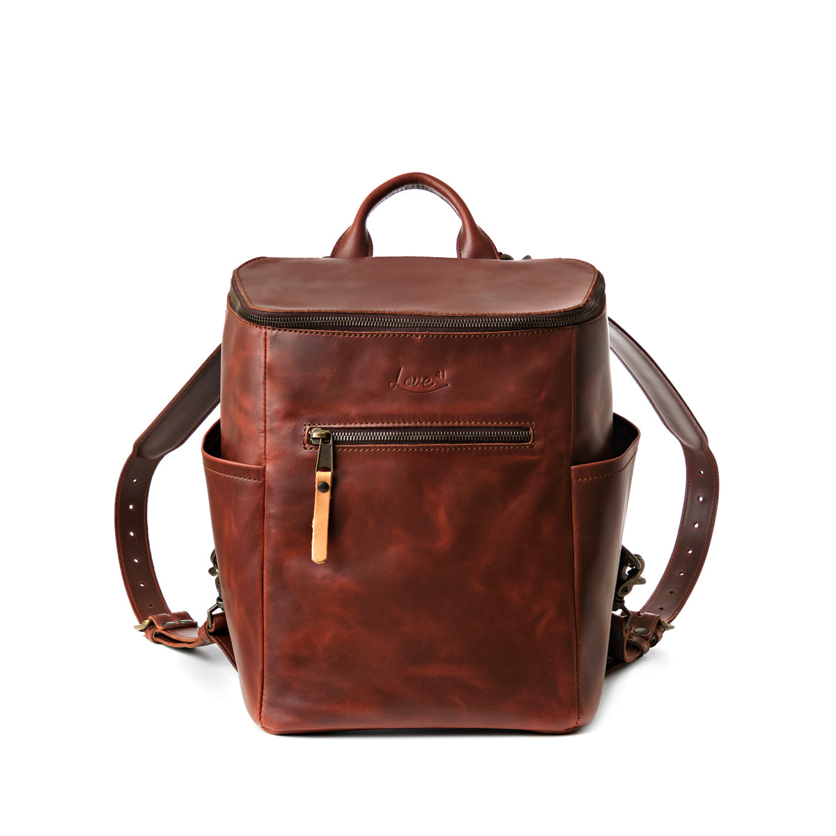 All in One Backpack Medium in Chestnut, front view with zippered front pocket and top handle