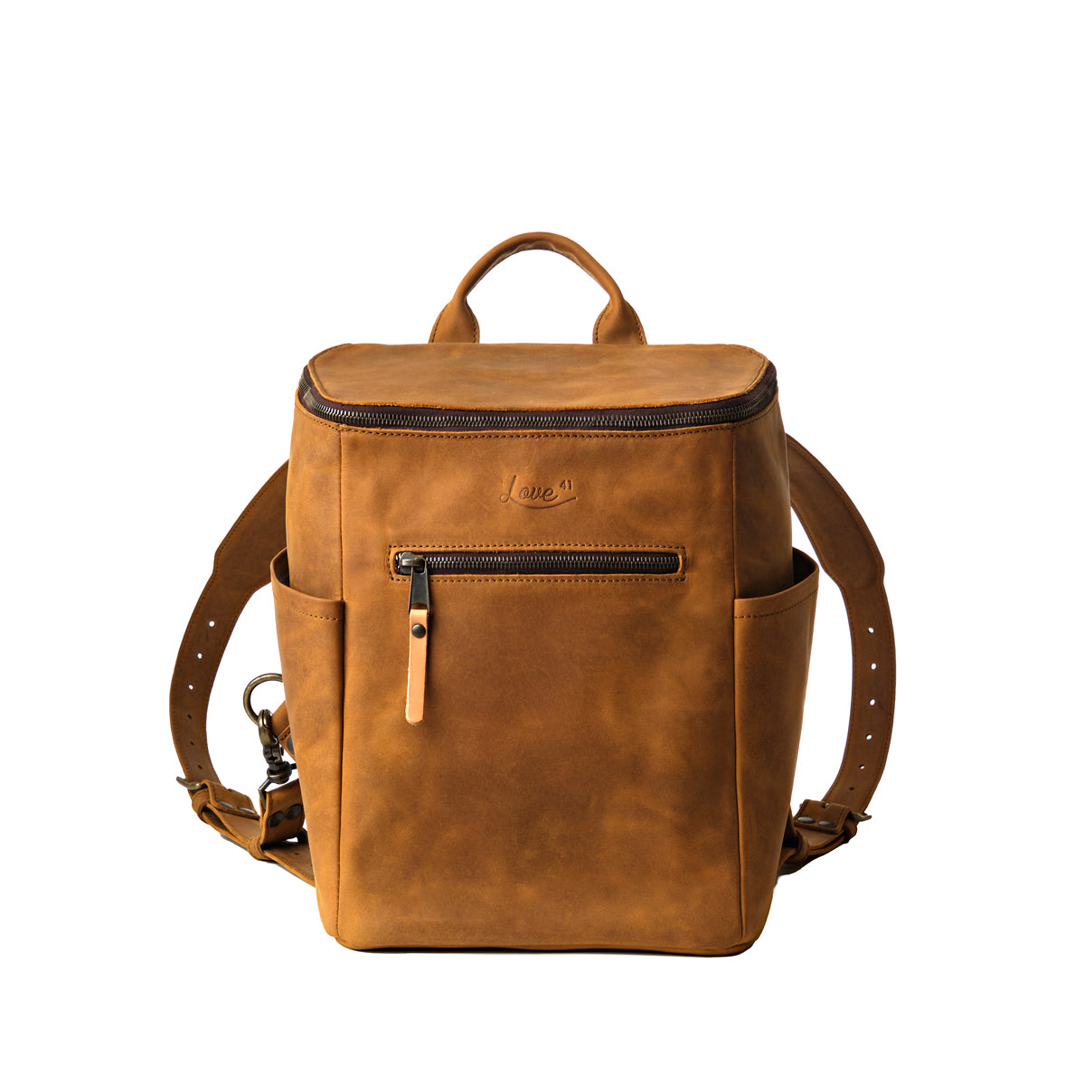 All in One Backpack Medium in Tobacco, front view with zippered front pocket and top handle