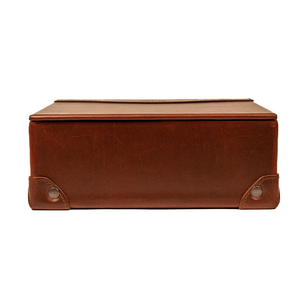 Leather Desk Box in Chestnut, closed lid with riveted leather corner guards, front view