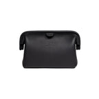 Big Mouth Organizer in Black, wide-mouth leather bag with snap tab and embossed logo, front view