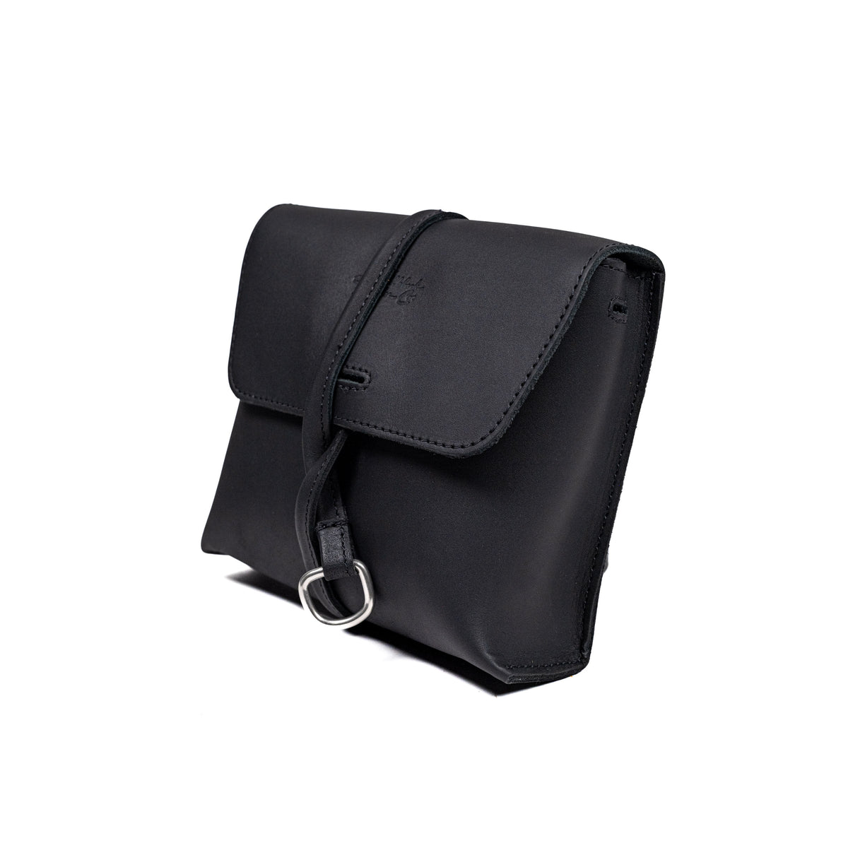 Leather Organizer Bag in Black, angled front view with flap closure and strap looped through a metal ring