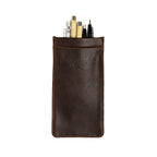 Bear Trap Leather Pen Case in Dark Coffee Brown, front view with pens poking out and embossed logo