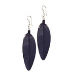 Leather Feather Earrings in Navy Blue, pair with etched feather detail and silver fishhook ear wires