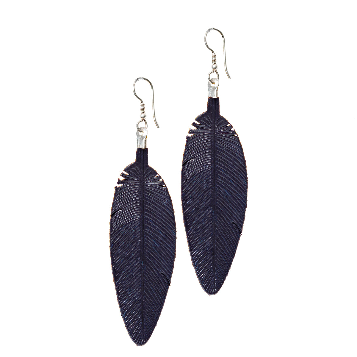 Leather Feather Earrings in Navy Blue, pair with etched feather detail and silver fishhook ear wires