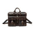 Flight Bag Leather Briefcase in dark brown, front view with two buckled pockets, top handles, and shoulder strap