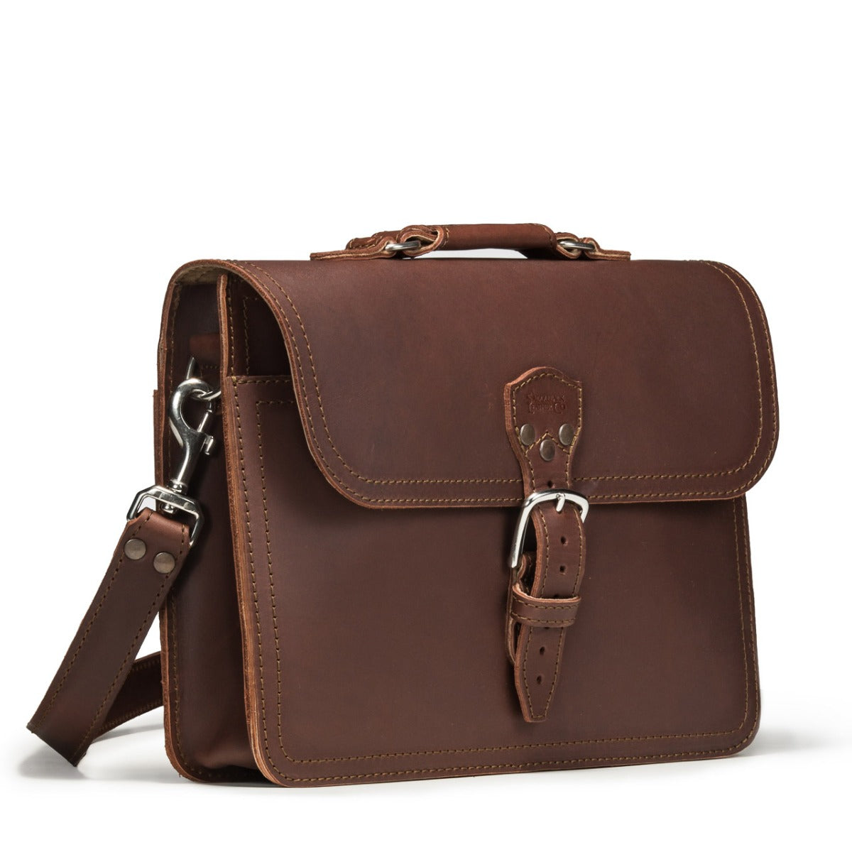 Fourteener Thin Leather Briefcase in Chestnut, angled front view with top handle, buckled flap and shoulder strap