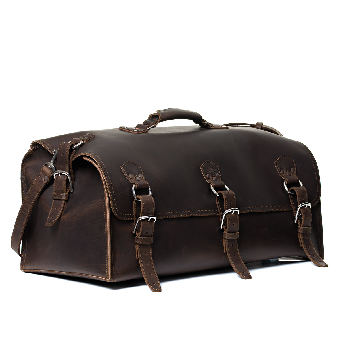 27" Adolescent Beast Duffle Bag in Dark Coffee Brown, angled front view with three buckle straps and top handle
