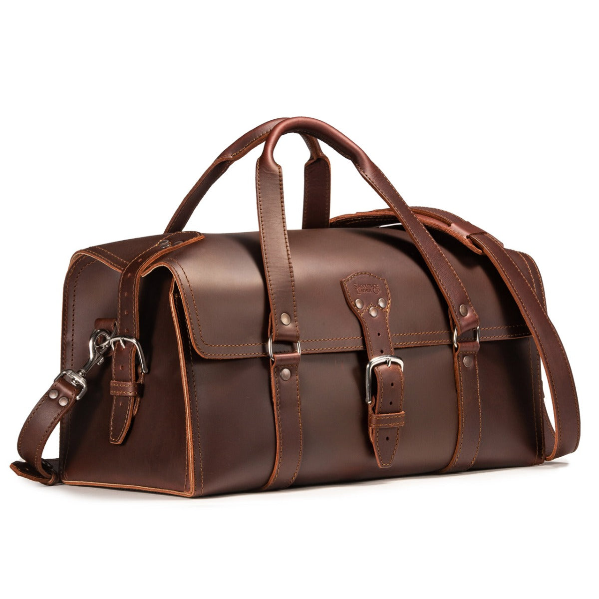 20" Baby Beast Duffle Bag in Chestnut, angled front view with buckle straps and shoulder strap