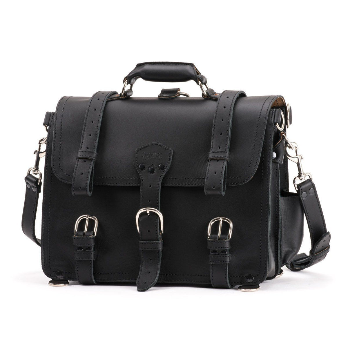 Large Classic Leather Briefcase in Black, angled front view with buckled flap straps and front pockets
