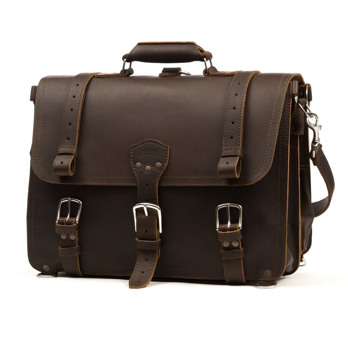 Large Classic Leather Briefcase in Dark Coffee Brown, angled front view with buckled flap straps and front pockets