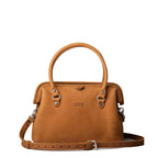 Everyday Purse in Tobacco, front view with rolled top handles, embossed logo and shoulder strap