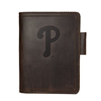 Leather Journal Cover - Philadelphia Phillies in Dark Coffee Brown, front cover with embossed Phillies P logo and pen loop