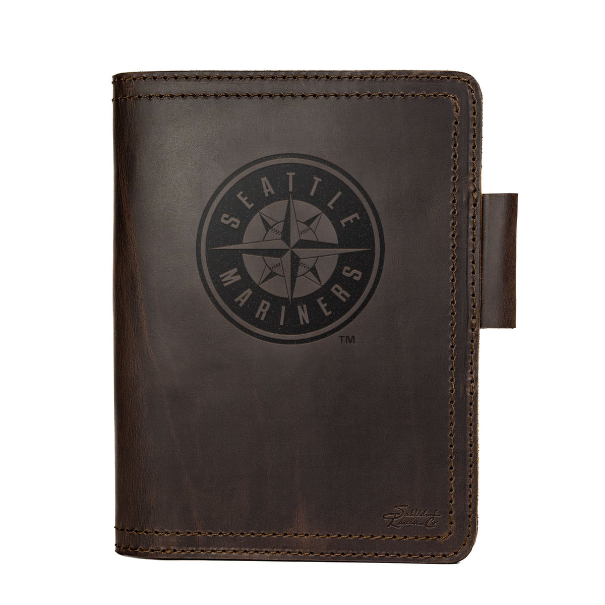 Leather Journal Cover - Seattle Mariners in Dark Coffee Brown, front cover with embossed Mariners compass logo and pen loop