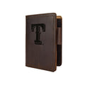 Leather Journal Cover - Texas Rangers in Dark Coffee Brown, standing partly open with embossed Rangers T logo and pen loop