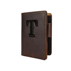 Leather Journal Cover - Texas Rangers in Dark Coffee Brown, standing partly open with embossed Rangers T logo and pen loop