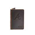 Leather Business Card Holder in Dark Coffee Brown with embossed Atlanta Braves A logo, closed front view