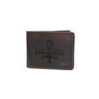 Leather Bifold Wallet - Texas Rangers World Series in Dark Coffee Brown, engraved World Series Champions 2023 with trophy