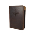 Leather Portfolio - Texas Rangers World Series in Dark Coffee Brown, angled front engraved World Series Champions 2023