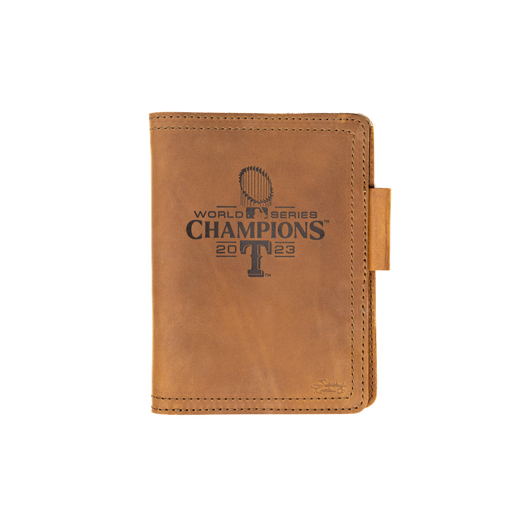 Leather Journal Cover - Texas Rangers World Series in Tobacco, closed front engraved World Series Champions 2023