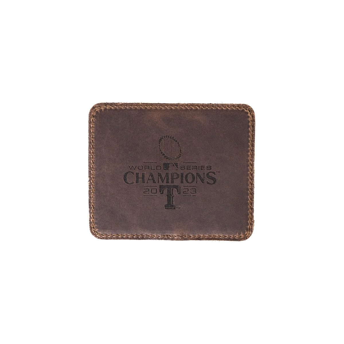 Leather Coaster Set - Texas Rangers World Series in Dark Coffee Brown, single coaster engraved World Series Champions 2023